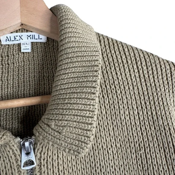 Alex Mill Wallace Sweater Jacket XL Vintage Khaki Chunky Ribbed Cotton Full Zip - Picture 3 of 8